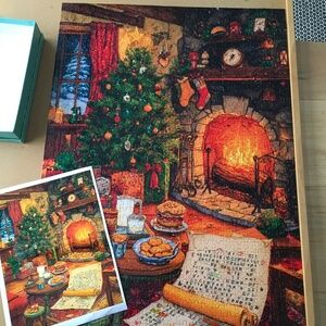 1000-piece jigsaw puzzle: Christmas theme with wooden pieces and poster